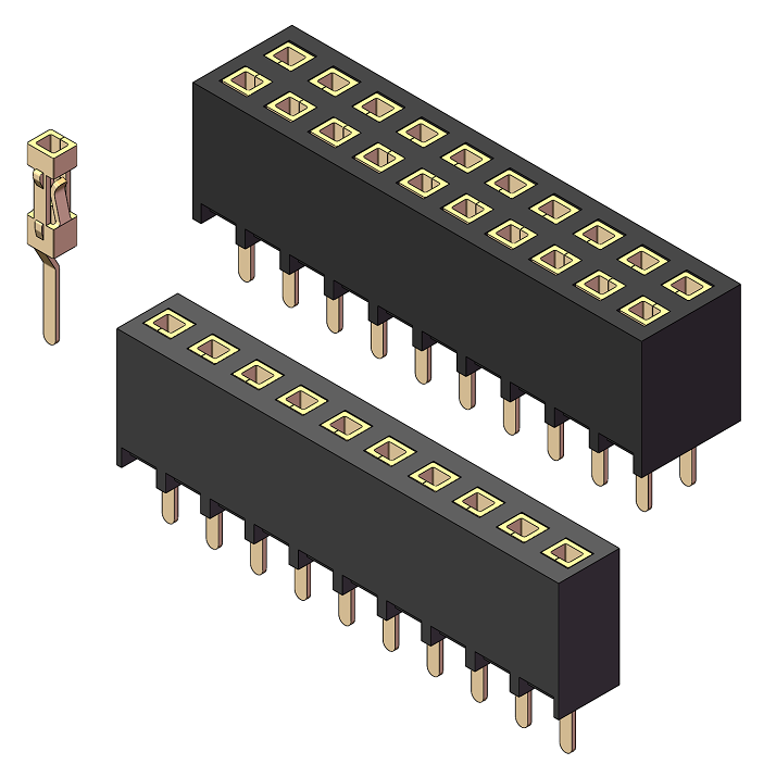 2.54mm Female Header, H=6.8, Dual Row, Quad-side Contacts, 180° Vertical Mount