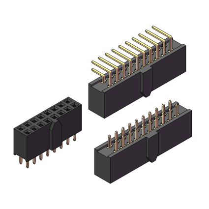 2.54mm Female Header, H=8.5, Dual Row, with Alignment Pegs, 90° Right-angle Mount